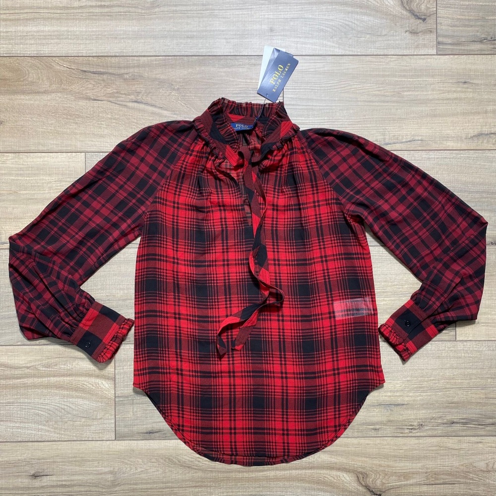 Polo Ralph Laurenโ Womenโs Plaid Long Sleeve Blouse Size XXS Red Black Neck Ties